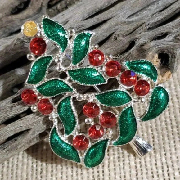 Vintage Y2K Christmas Tree Red Green Silver Crystal Enamel Sweater Pin Brooch - Picture 1 of 6